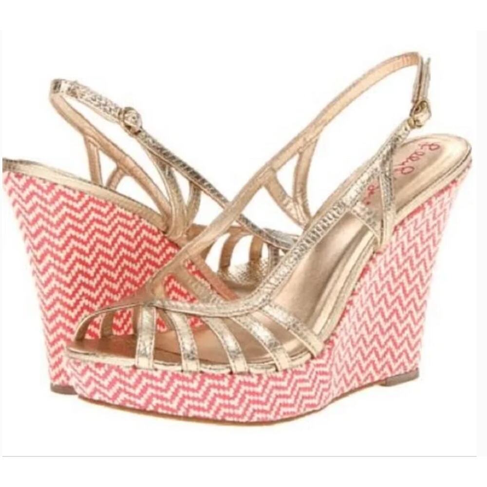 Lilly Pulitzer Sophie Strappy Wedge Sandals Coral Gold Size 7.5